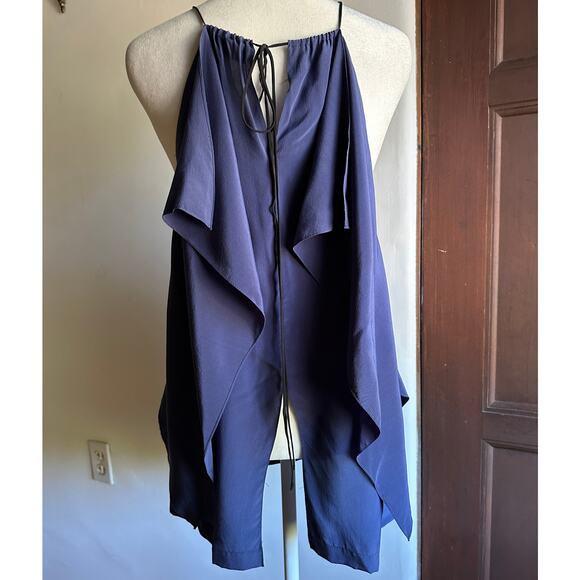 ROBERT RODRIGUEZ | Navy Silk Ruffle High Neck Flutter Tank Blouse | Size Small - Picture 3 of 6